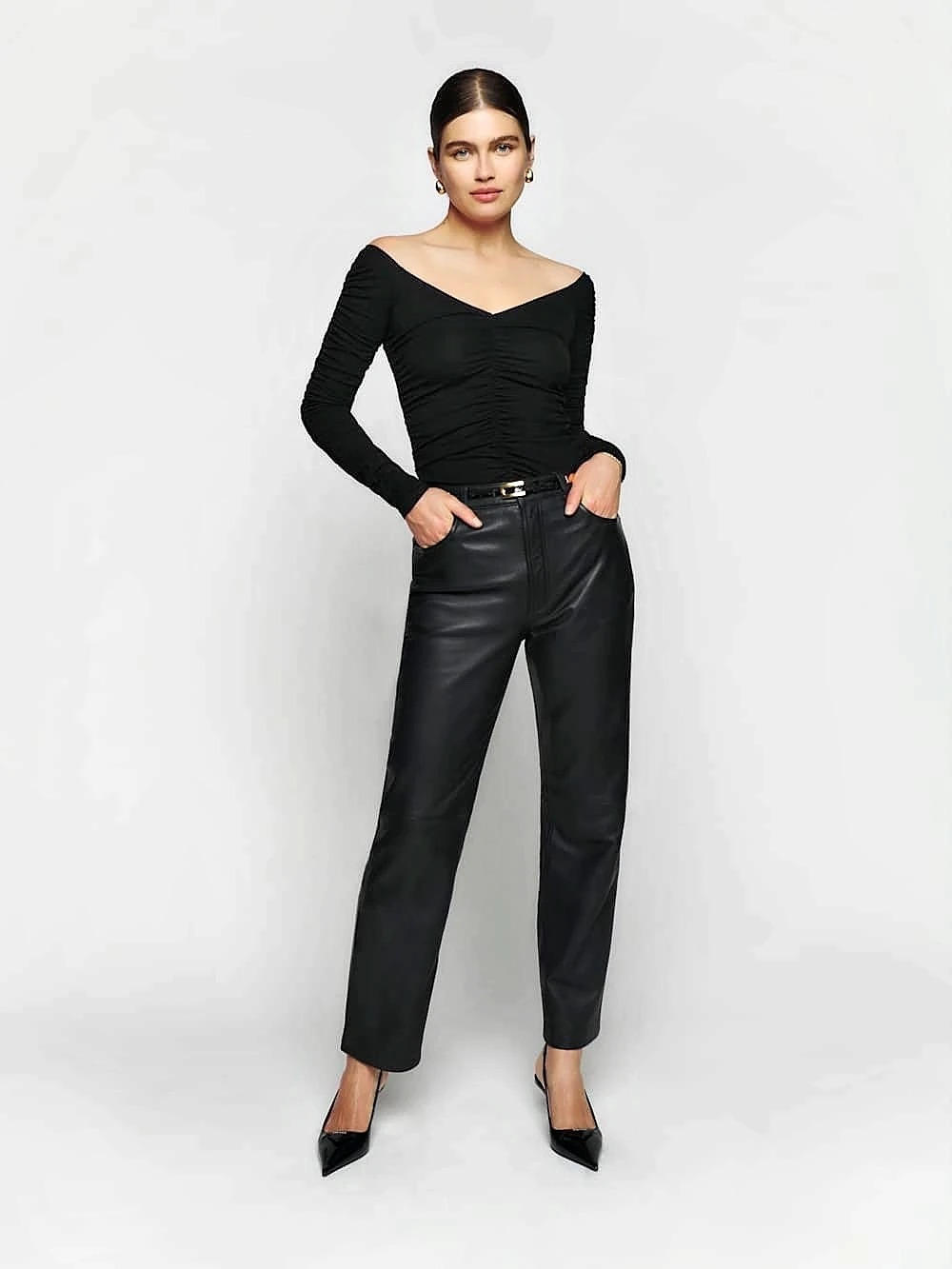 Reformation Leonora Knit Top Ruched Long Sleeve Top in Black Like New